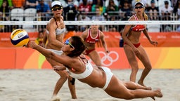 Die amerikanischen und russischen Beachvolleyballerinnen im Duell © dpa Foto: Konstantin Chalabov