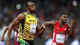 Usain Bolt (l.) und Justin Gatlin im 100-m-Finale bei der WM 2015 © imago/Xinhua 