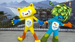 Die Maskottchen für Rio 2016: Vinicius (l./Olympia) und Tom (Paralympics) © picture alliance / dpa Foto: Alex Ferro