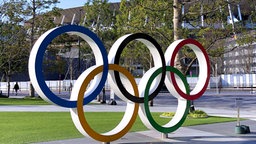 Die olympischen Ringe vor dem Olympiastadion in Tokio © imago images/Sven Simon 