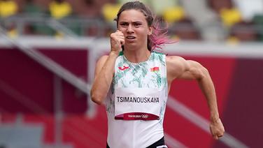 Die weißrussische Sprinterin Kristina Timanowskaja im 100m Lauf bei den olympischen Spielen. © IMAGO / Bildbyran 